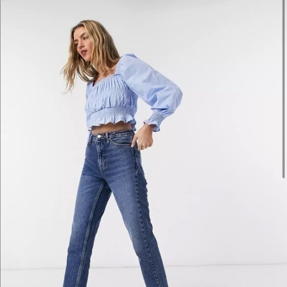Bershka ruched square neck poplin blouse in light blue